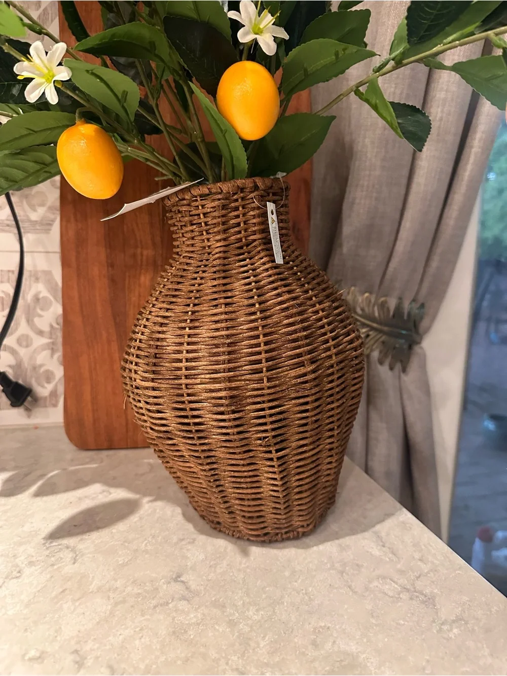 Artificial Lemon Branch Arrangement in Brown Woven Vase - Home Accents